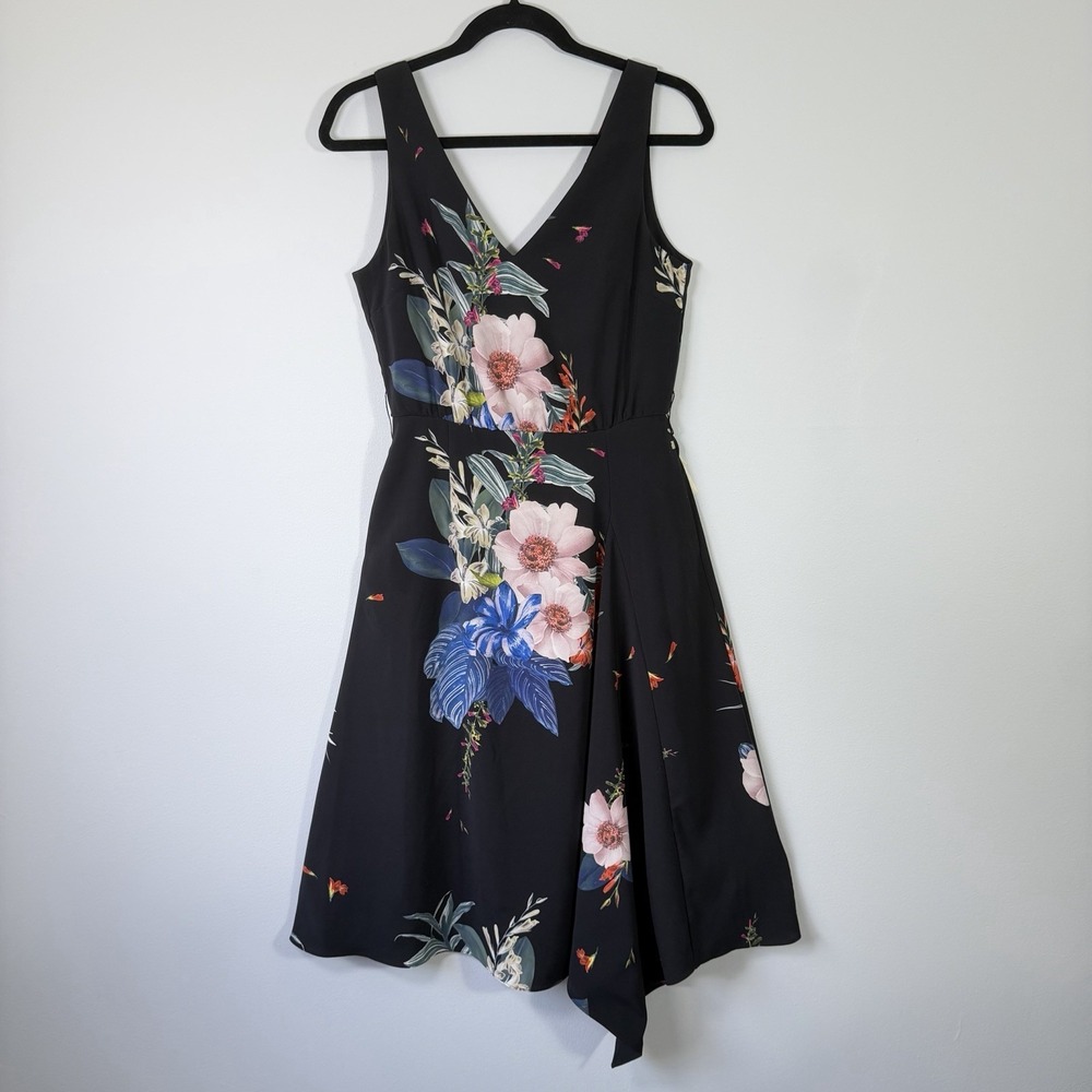 Ted Baker Trinni Jamboree Floral Midi Dress Black V Neck Fit Flare LBD Sz 1/4/S